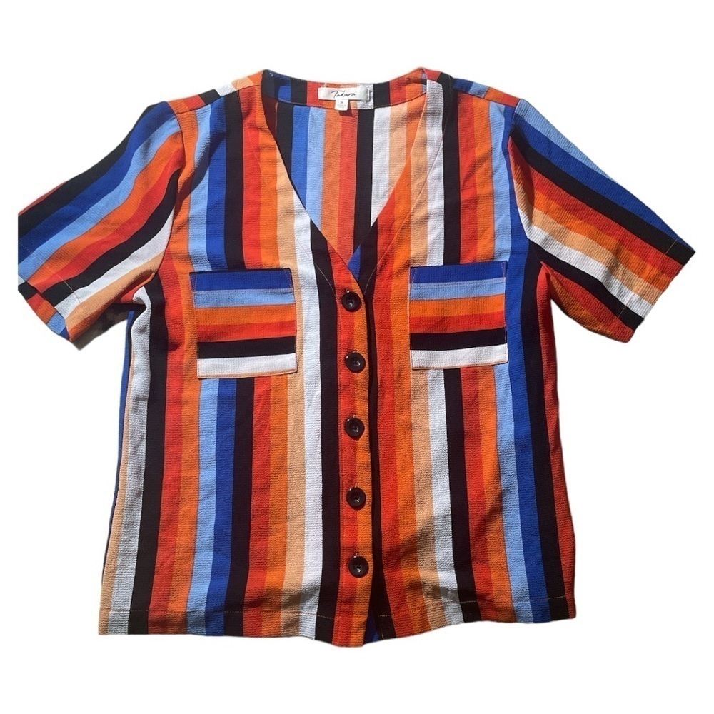 Takara Button Front Shirt Stripes Multi Color Blouse Top.